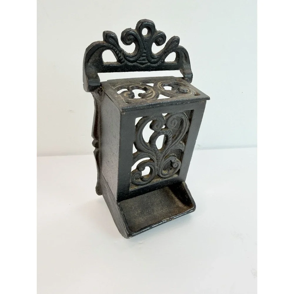 Black Ornate Cast Iron Wall Mount Match Box Holder Dispenser Vintage Decor